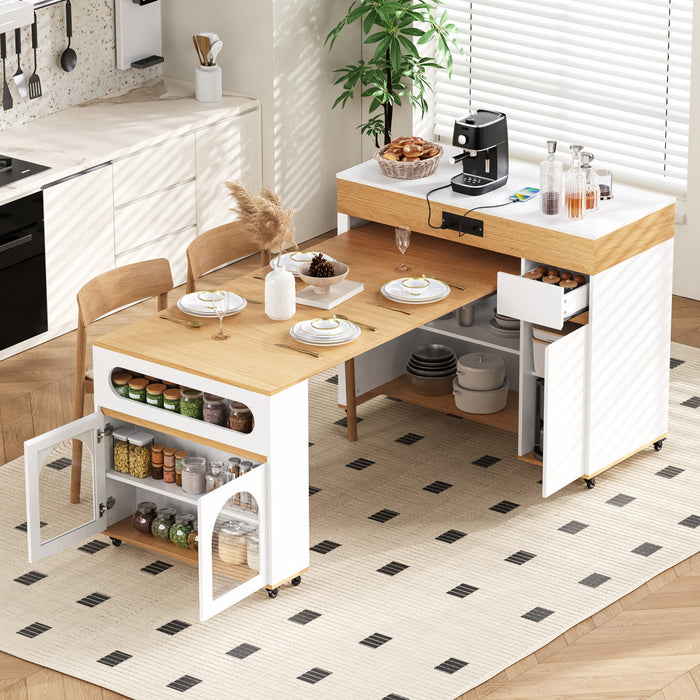 Avery Extendable Dining Table with Rolling Kitchen Island,White