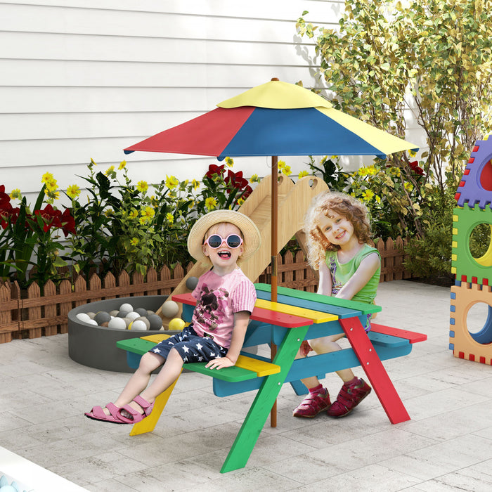 Outsunny Kids Picnic Table Bench Set With Removable Umbrella, Outdoor Wooden Kids Table And Chair Set For Backyard, Garden, 3-6 Years Boys And Girls, Multicolour