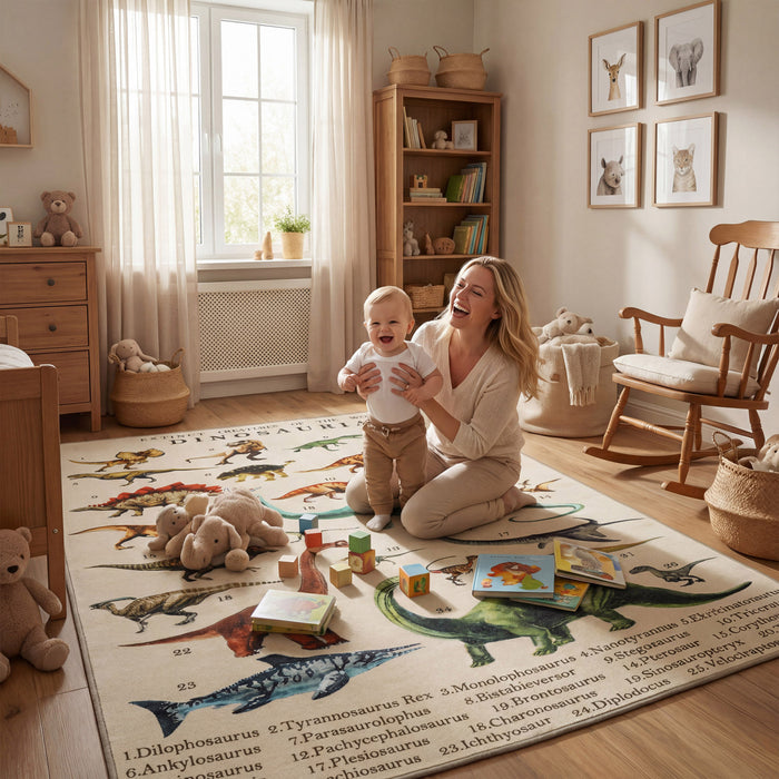Qaba Large Play Mat, 79\" x 59\" Educational Polyester Crawling Mat, Non-Slip Nursery Rug, Rolls Up for Storage, for Toddlers, Living Room and Bedroom with Dinosaur Pattern, Khaki
