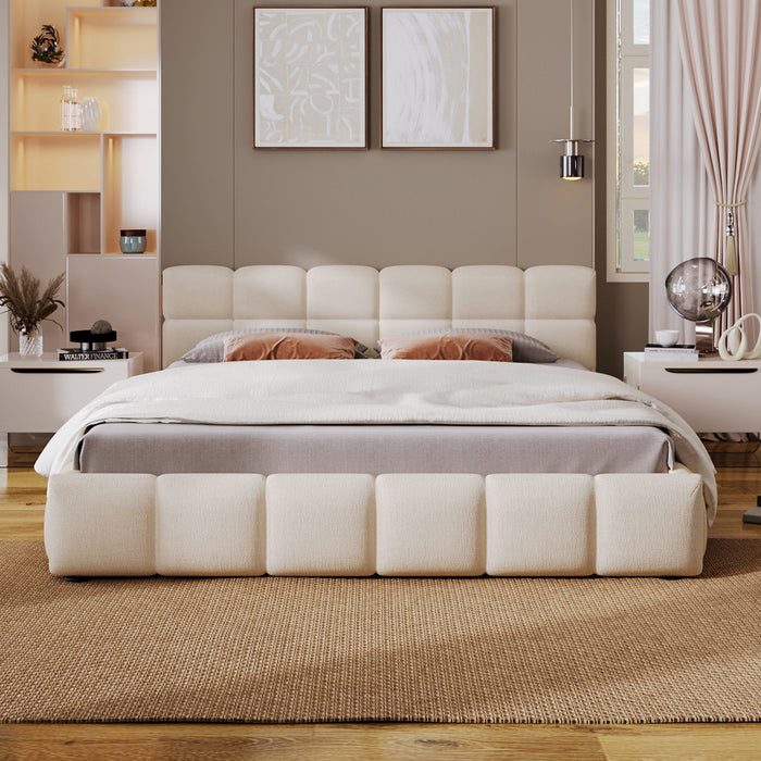 Eleanor Elegant Chenille Upholstered Bed with Checkerboard Design,Queen Size,Beige Queen Bed