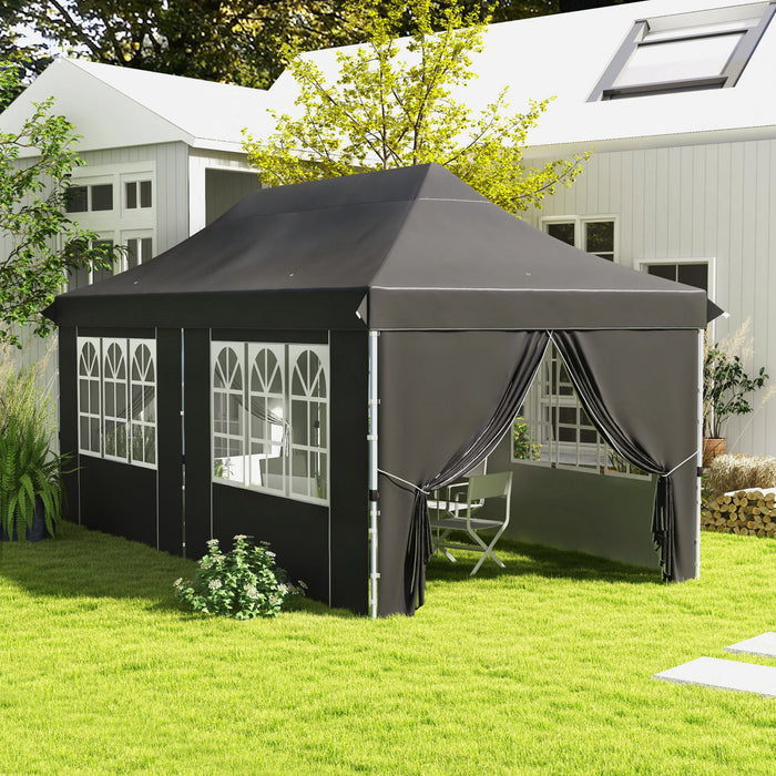 Outsunny 10 X 20ft Pop Up Canopy Tent With 6 Removable Sidewalls, Height Adjustable Large Instant Shelter With 4 Windows, Carry Bag, 6 Sand Bags For Outdoor, Garden, Patio, Grey