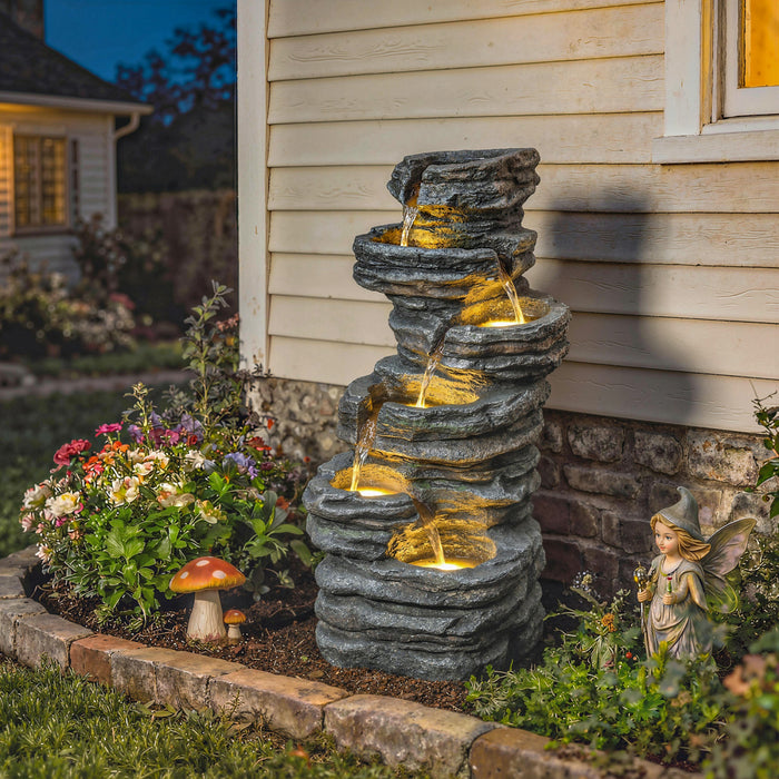 Outsunny Outdoor 6-Tier Water Fountain, Waterfall Fountain with LED Lights