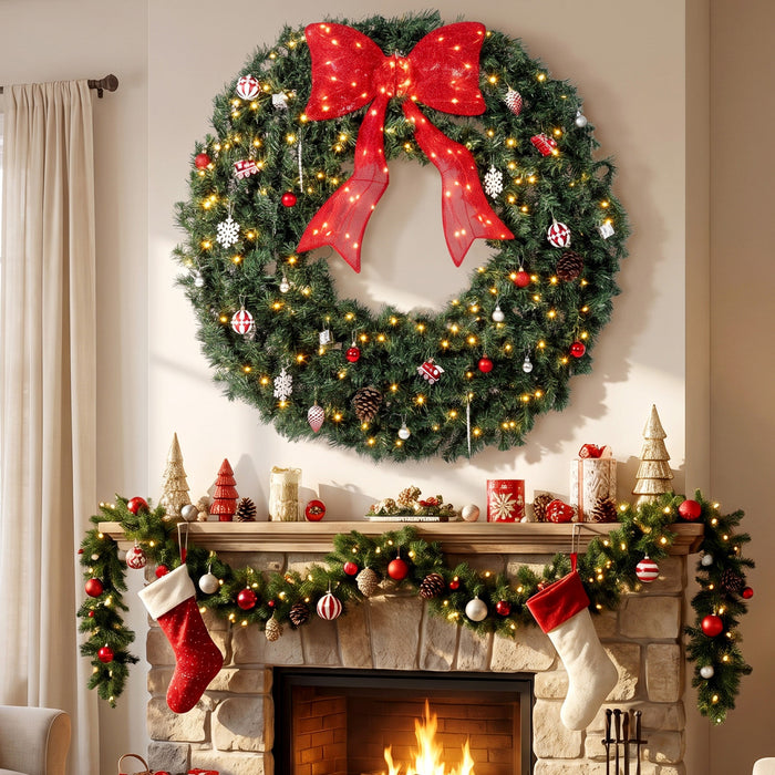 HOMCOM 48 Inch Pre-Lit Christmas Wreath, Artificial Xmas Wreath, Green