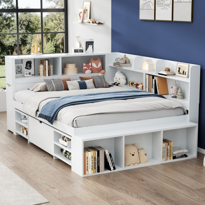 Ethan Multifunctional Daybed with Integrated Storage with Drawers and Bookcase,Full Size,White Full Bed