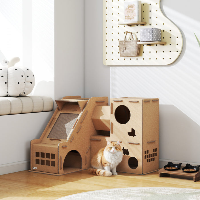 PawHut Multi-Level Cardboard Cat House, Corrugated Cardboard Play Condo with Scratching Pads, Cat Scratcher Hideout for Indoor Kittens
