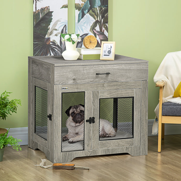 Pawhut 32in Dog Crate Furniture With Cushion, 2 Doors, Dog Kennel End Table With Storage, Indoor Dog Cage For Small Medium Dogs, Grey