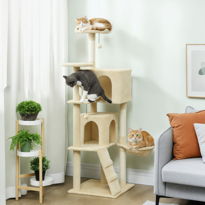PawHut Cat Tree, 63 Inch Multi-Level Large Cat Tower with Sisal Scratching Posts, Condos, Plush Perches, Hammock, Ladder, Dangling Balls, for Indoor Kittens, Beige