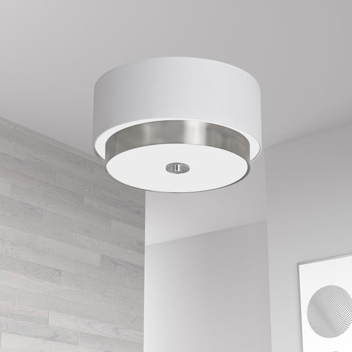 Dainolite Larkin 3 Light Flush Mount Satin Chrome Finish White Fabric Shade Frosted Glass Diffuser Lamp