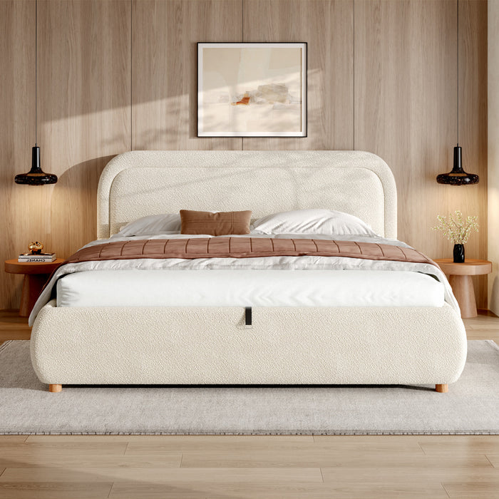 Sophia Space-Saving Hydraulic Lift Storage Platform Bed with Boucle Upholstery,King Size,Beige King Bed
