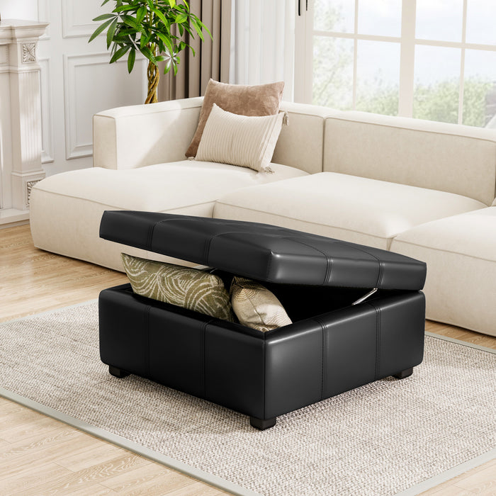 Liam 34.25\" Large Square Faux Leather Ottoman Coffee Table with Storage,Black
