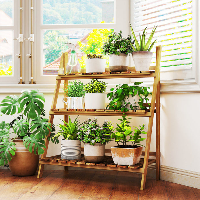 Outsunny Outdoor Plant Stand, Foldable 3-Tier Wooden Plant Shelf