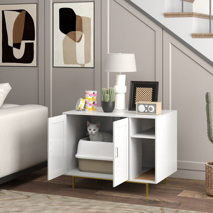 Pawhut Cat Litter Box Enclosure, Litter Box Furniture With Scratching Pad, 2-door Storage Cabinet, Indoor Cat House For Living Room, Bedroom, 31.5\" X 20\" X 24\", White