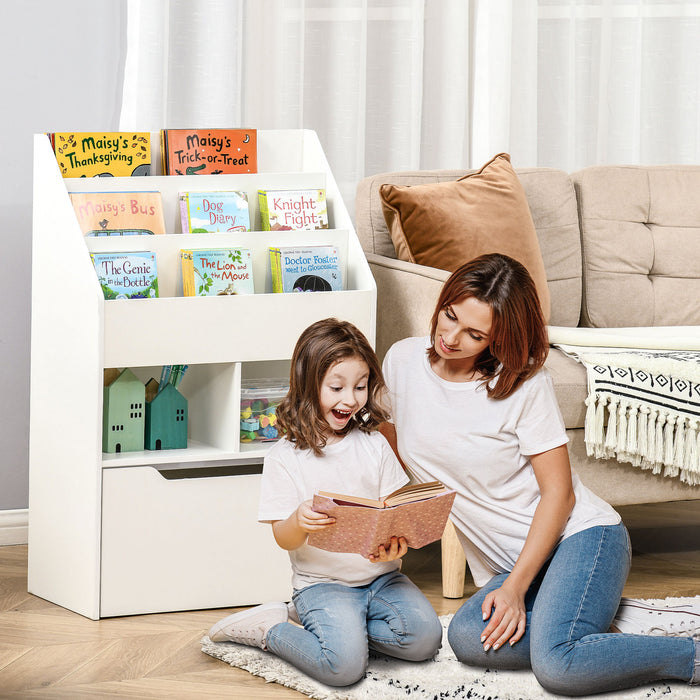 Homcom Kids Bookcase Multi-shelf Rack Organizer With Storage Drawer For Books For Reading Nook, Classroom, Bedroom, Playroom, White