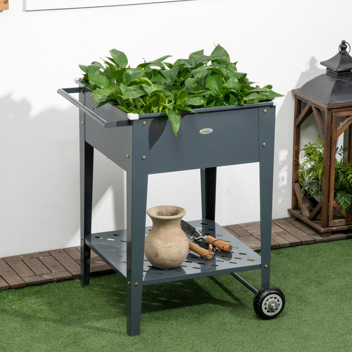 Outsunny Raised Garden Bed With Wheels, 25\"x 22\" X 31\" Galvanized Steel Elevated Planter Box With Legs, Storage Shelf For Outdoor Backyard, Patio To Grow Vegetables, Flowers, Gray