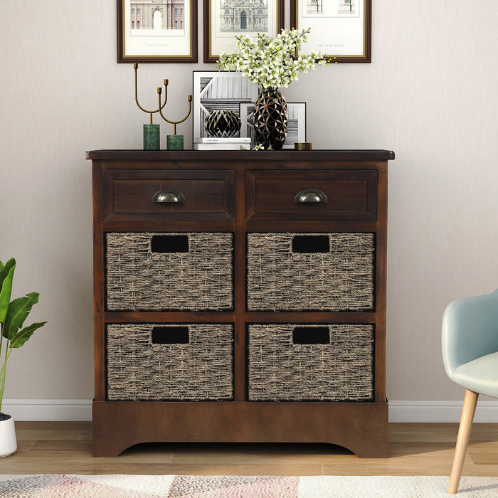 Tobey Solid Wood Storage Cabinet With 2 Drawers And 4 Rattan Baskets,espresso Accent Cabinet