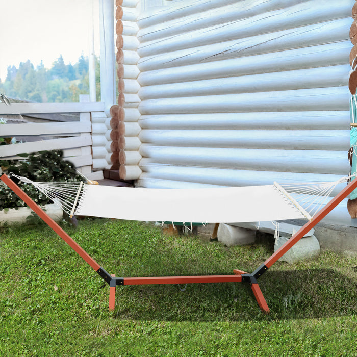 Outsunny 130\" X 47\" Hammock With Stand, Outdoor Hammock Camping Bed, Freestanding Lounge Chair With Wooden Frame Cotton Fabric For Outdoor Indoor, White, Teak