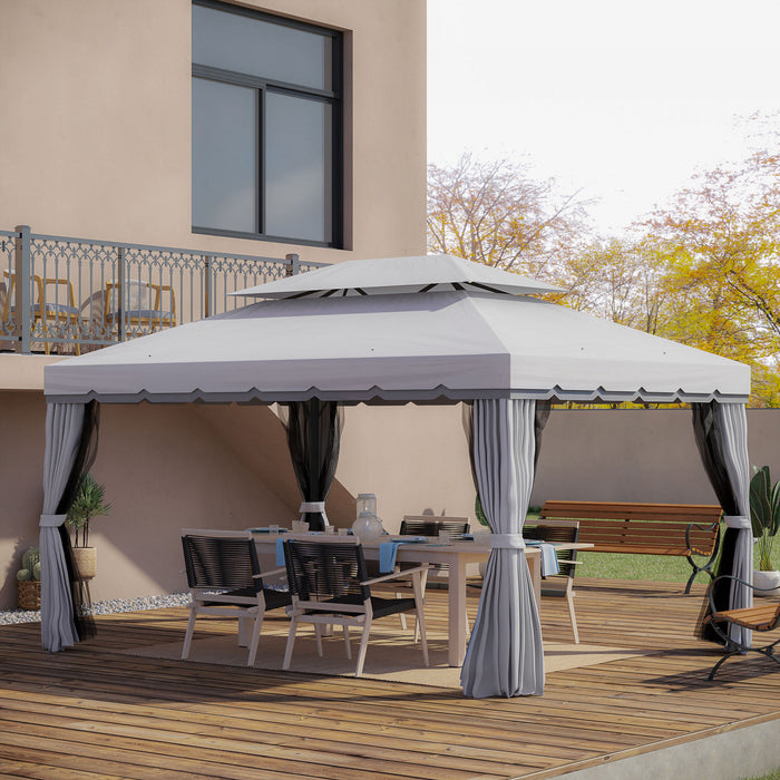 Outsunny 13' X 10' Patio Gazebo, Double roof Outdoor Gazebo Canopy Shelter With Netting & Curtains, Strong Aluminum Frame, Light Grey