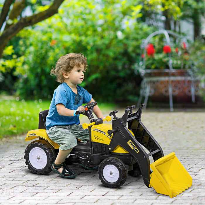 Aosom Ride On Excavator For Kids, Pedal Ride On Tractor With Front Loader Digger, No Power Pretend Play Construction Car Toy With Hand Brake, For 3 Years Old, Yellow
