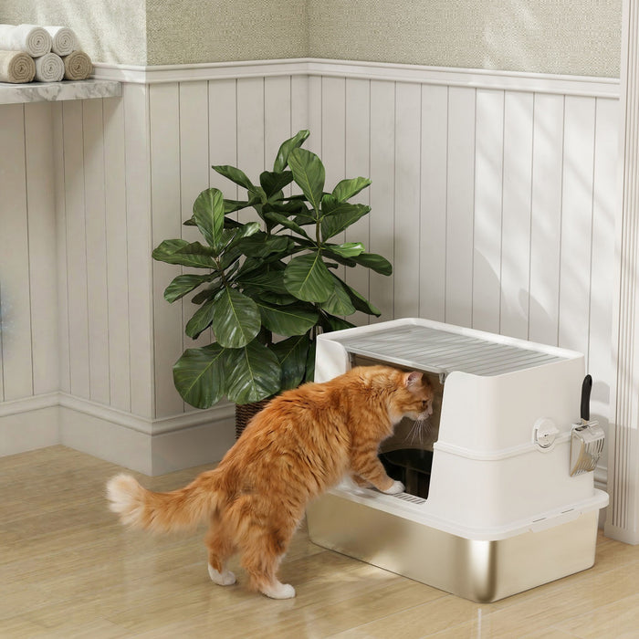 PawHut XL Stainless Steel Cat Litter Box with Lid, Extra Large Covered Cat Litter Box for Indoor Kittens with Filp Top, Scoop, Easy Clean, Non-Sticky, No Leakage, Light Grey