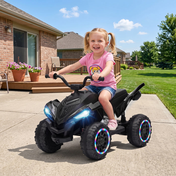 Qaba 12V Kids ATV, Electric Ride On Quad with Dual Motors, Rear Suspension, 2.2 MPH Max, Light-Up Wheels, Music, Horn, USB, MP3, Headlights for Boys Girls 3-6 Years, Black