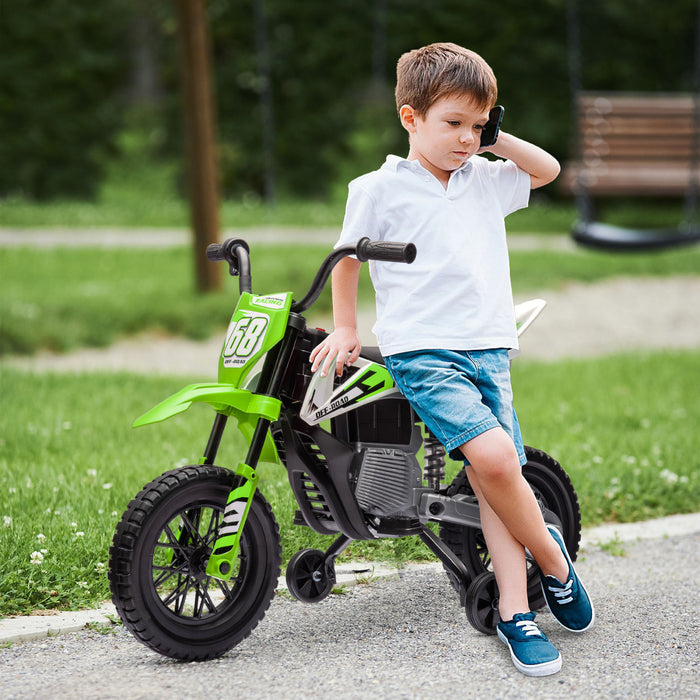 Qaba Kids Dirt Bike with Twist Grip Throttle, 12V Electric Motorcycle, Electric Bike with Training Wheels, Spring Suspension & Music, for Toddler 3-6 Years, Green