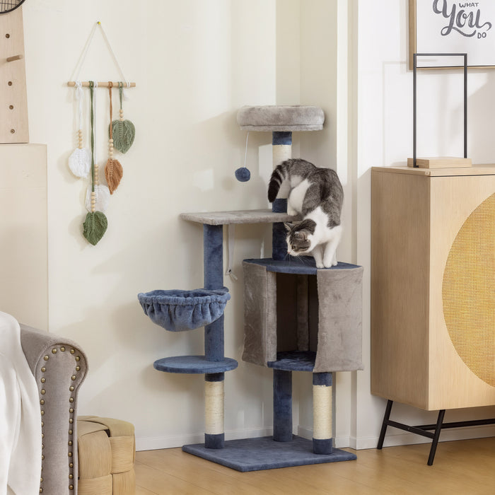 PawHut Modern Cat Tree, 48 Inch Cat Tower for Indoor Kittens with Cozy Condo, Hammock, Top Perch, Sisal Scratching Posts, Toy Ball, Blue and Grey