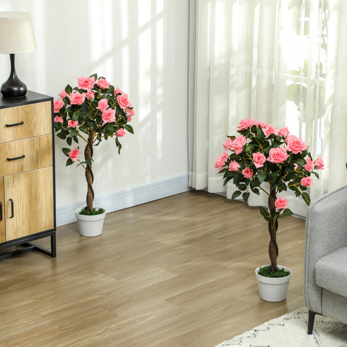 Outsunny Artificial Rose Tree Set of 2 with Realistic Flowers, Pink