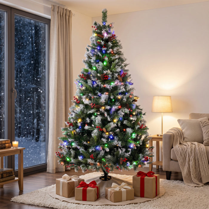 HOMCOM 7ft Flocked Prelit Christmas Tree Spruce, Dual Colour LEDs, Remote
