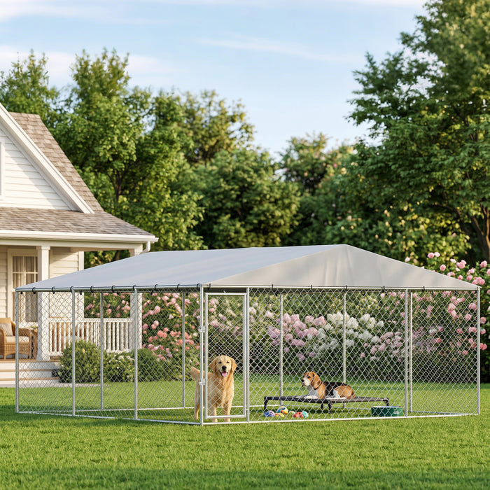 PawHut Outdoor Dog Kennel Dog Run with Waterproof, UV Resistant Cover, Double Secure Locks for Small and Medium Sized Dogs, 13.1' x 13.1' x 6.6', Silver