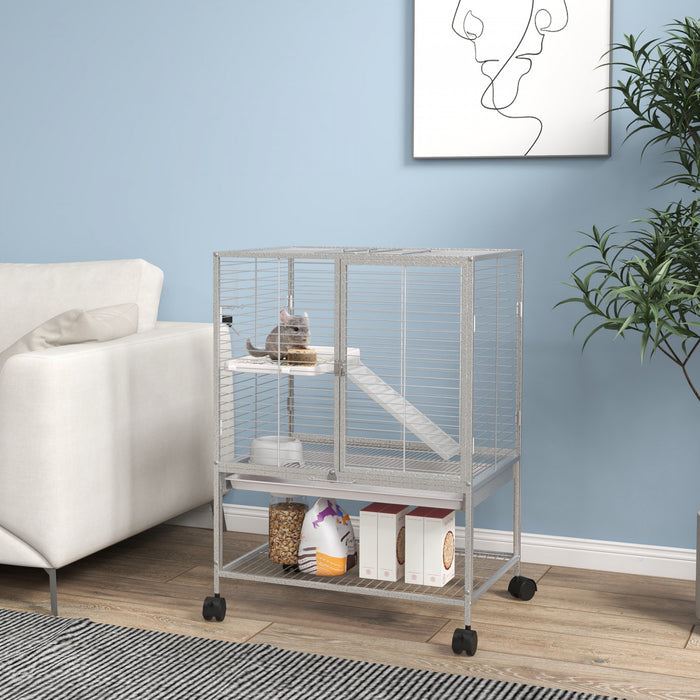 Pawhut Small Animal Cage With Wheels, Pet Playpen For Rat, Kitten, Ferrets, Chinchillas With Bottom Storage Shelf, Removable Tray, Ramp, 24.2\" X 17.9\" X 33.9\", Light Grey