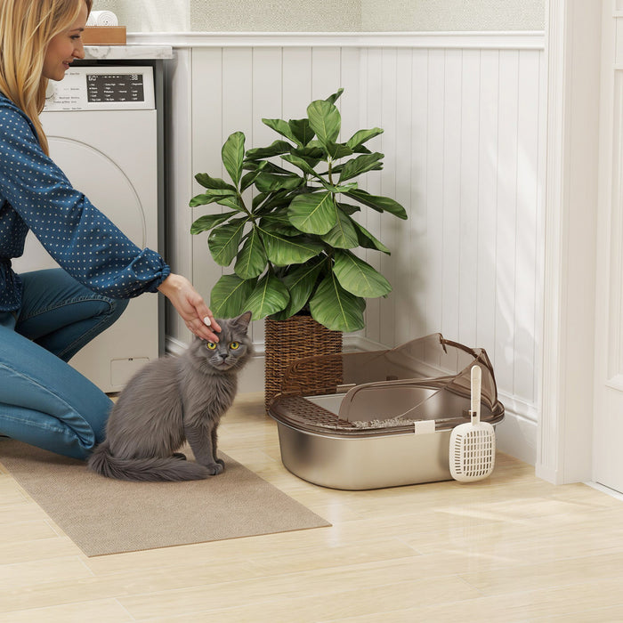 Pawhut Stainless Steel Cat Litter Box With Lid, Metal Kitty Litter Pan Tray With High Sided Enclosure, Steps & Scoop, Non-sticky & Anti-urine Leakage, Easy Cleaning