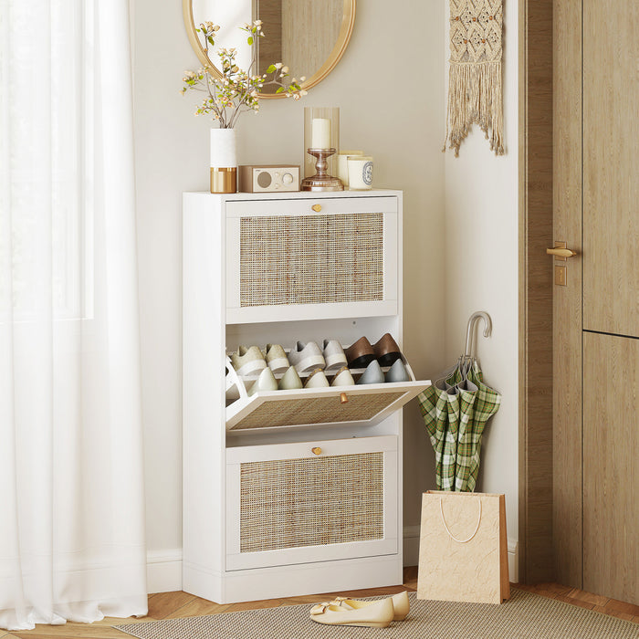HOMCOM Rattan Shoe Storage Cabinet Organizer with 3 Flip Drawers