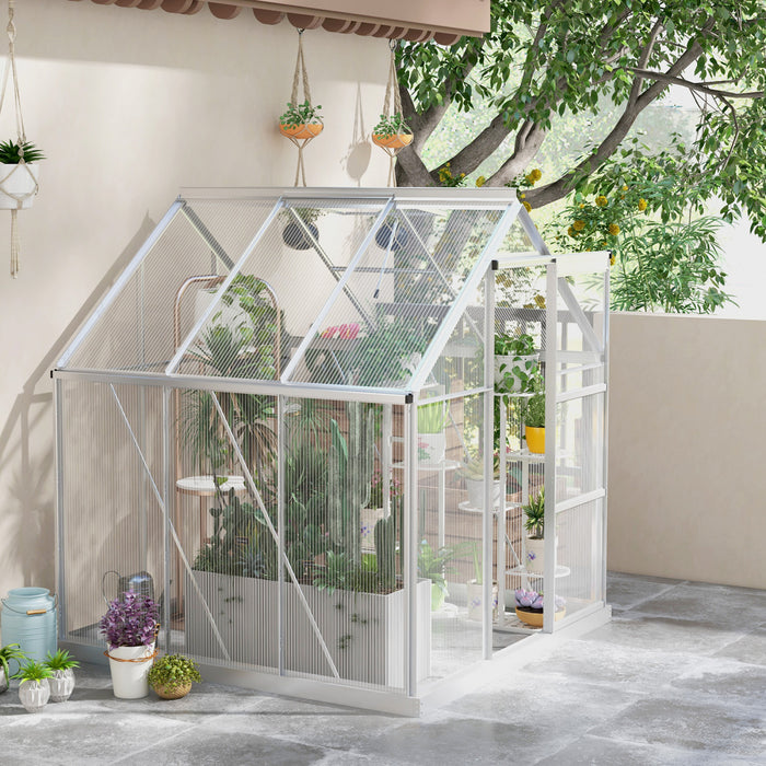Outsunny 6' x 4' Polycarbonate Greenhouse, Walk-In Greenhouse with Sliding Door, Adjustable Window, Aluminium Frame and Foundation, Garden Grow House with Rain Gutter, Silver