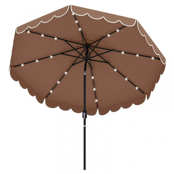 Costway 9.3 FT Solar Patio Umbrella Outdoor Market Sunshade with 24 LED Lights Ruffles Brown