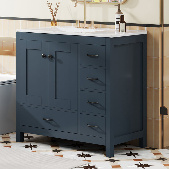 Derek 36 Inch Modern Bathroom Vanity with Ceramic Sink & Multi Storage, Blue