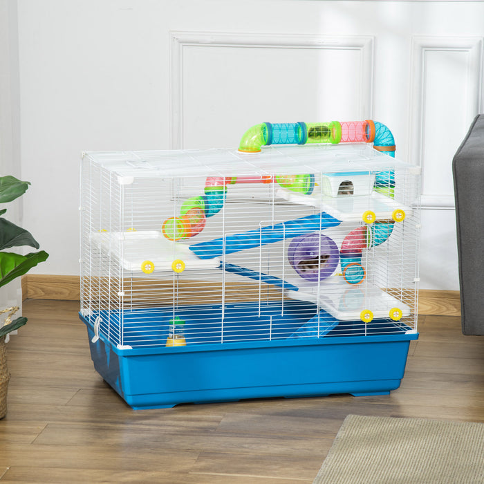 Pawhut 31\" Large Hamster Cage, Small Animal House, Multi-storey Gerbil Haven, Tunnel Tube System, With Water Bottle, Exercise Wheel, Food Dish, Ramps, Blue
