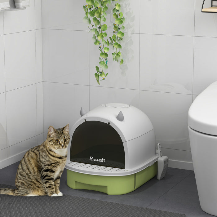 Pawhut Cat Litter Box With Lid, Drawer Style Enclosed Kitty Litter Box With Front Door Flap, Scoop, Handle, Easy Clean, Cat Litter Tray For Small And Medium Cats, Green