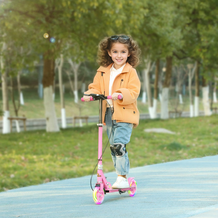 Qaba Scooter For Kids Ages 3-8, Folding Lightweight Kick Scooters With Light Up Wheels, 4 Levels Adjustable Handlebar, Rear Brake & Handbrake For Girls And Boys, Pink