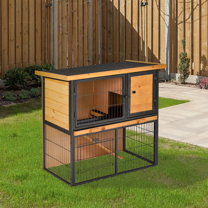 Pawhut Rabbit Hutch Pet House Bunny Cage Small Animal Habitat With Asphalt Openable Roof For Outdoor 35.25\" X 17.75\" X 32\" Light Yellow