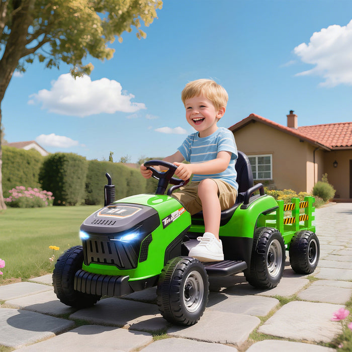 Qaba Kids Ride On Tractor With Trailor, 12v Battery Powered Ride On Car With Remote Control, Music, Lights, Shifter, Electric Vehicle For Kids Ages 3-8 Years, Green