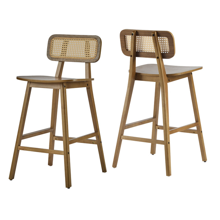 Bari Rubber Wood Counter Stool Set of 2 with Rattan Back and Footrest,Walnut
