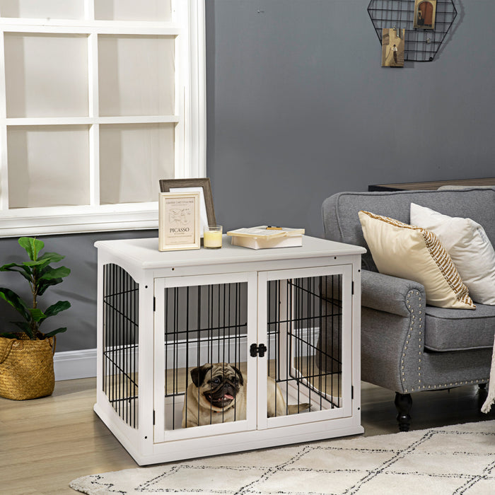 Pawhut 26'' Wooden Decorative Dog Cage Pet Crate Kennel With Double Door Entrance & A Simple Modern Design, White