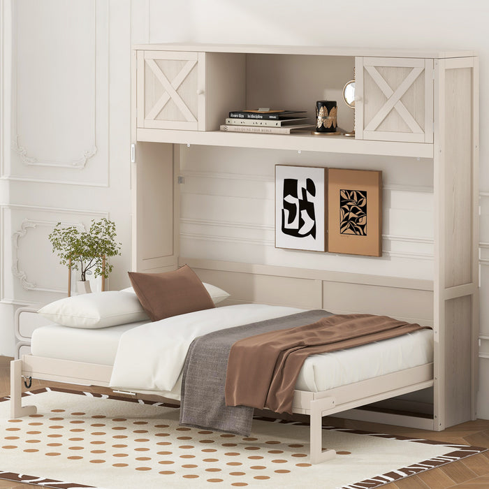Ethan Solid Wood Murphy Bed with Storage Cabinets,Queen Size,Beige Queen Bed
