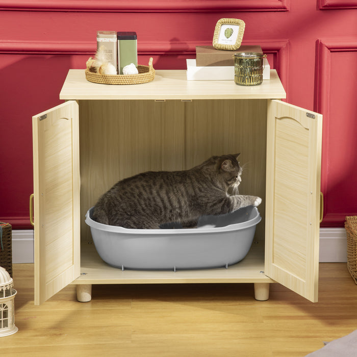 Pawhut Cat Litter Box Enclosure With Soft Cushion, Indoor Cat Washroom Storage Bench End Table With Pe Rattan Trim, Magnetic Doors, Easy Assembly, Oak