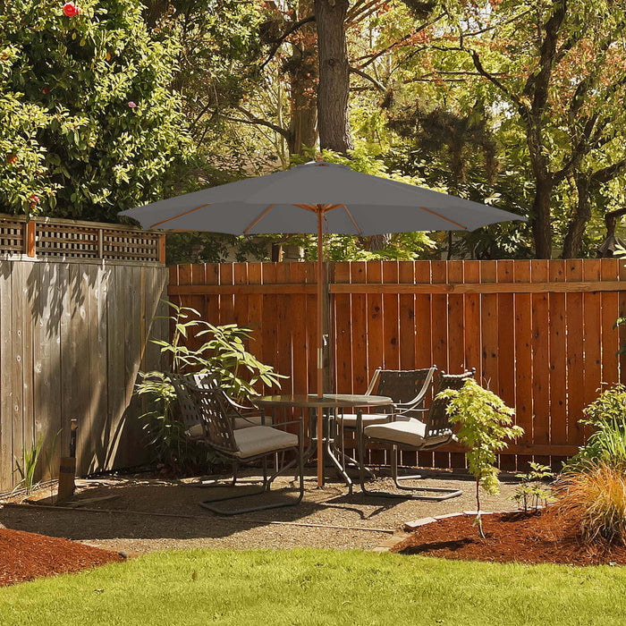 Costway 10FT Patio Wooden Market Table Umbrella Pulley with 8 Bamboo Ribs Sunshade Canopy Gray