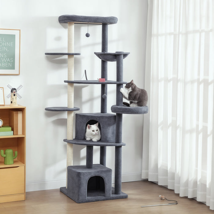 PawHut 79 Inch Cat Tree, Extra Tall Large Cat Tower with Scratching Posts, 2 Perches, 2 Caves, Large Hammock, Pompoms, Multi-Level Plush Kitty Condo for Multiple Indoor Kittens