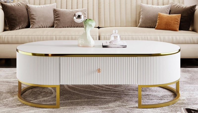 Edison 47.2\" Oval Engineered Wood Coffee Table With Storage Drawers, White