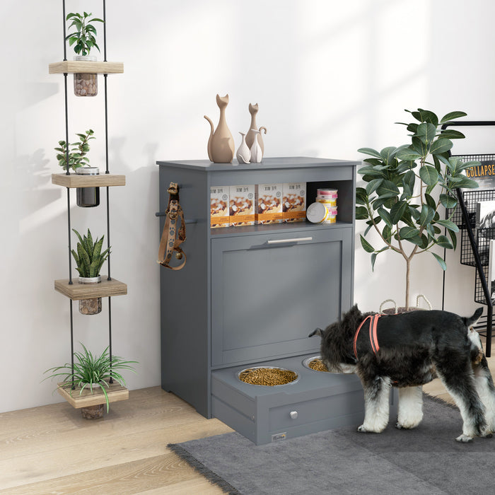 Pawhut Pet Feeder Station Storage Cabinet, Dog Food Storage Container With Dog Raised Bowls And Hanger For Feeding & Watering Supplies, Grey