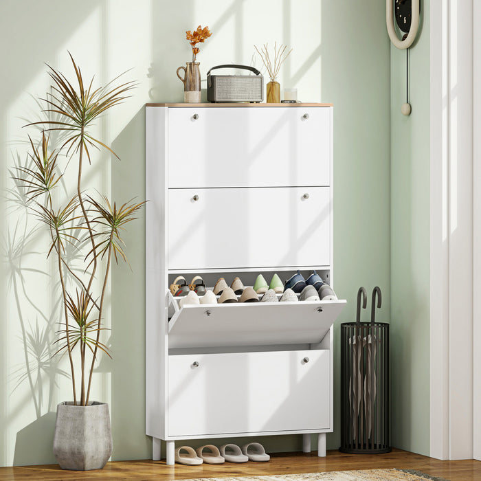 HOMCOM Shoe Cabinet with 4 Flip Drawers, Narrow Shoe Storage Cabinet, White