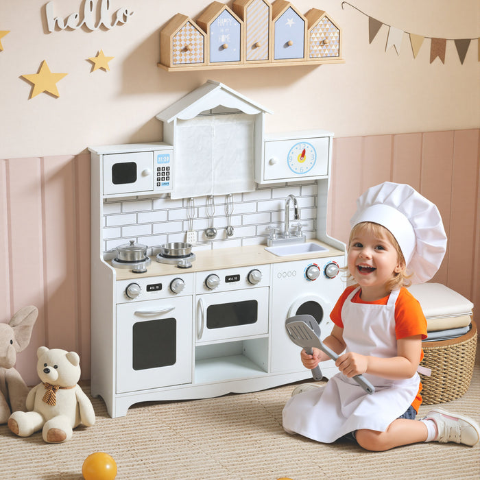Qaba Play Kitchen for Kids, Pretend Kids Kitchen Playset with Switch Knob Sound, Built-in Clock, Washing Machine, Microwave and Towel Rack, for Toddlers Ages 3-6 Years Old, White